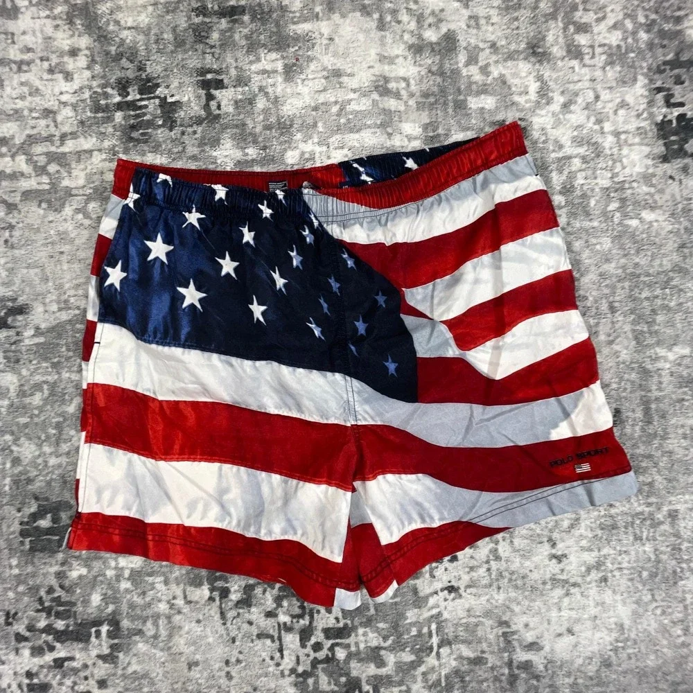 Vtg‎ Polo Sport Swim Trunks Mens XXL Red White Blue American Flag